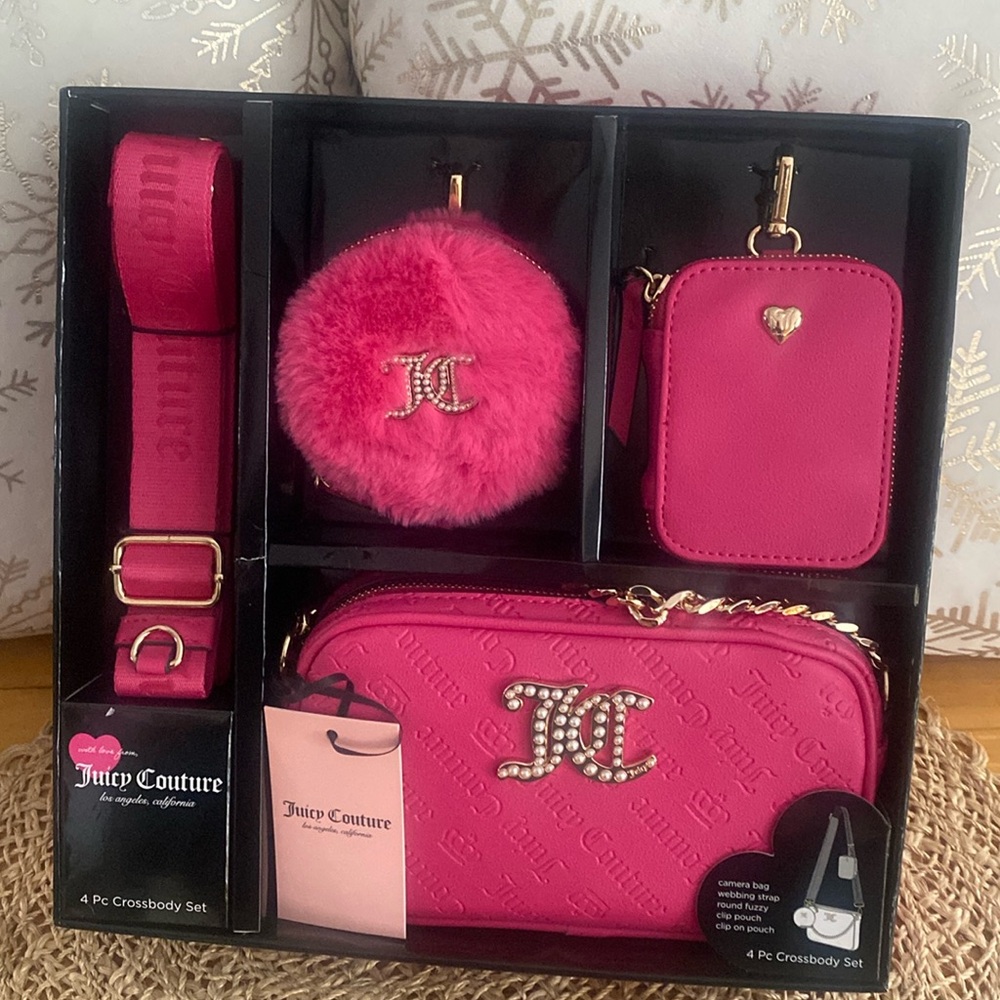 Juicy Couture 4 Piece Crossbody / Camera Set, Pink, Gold, Pearl